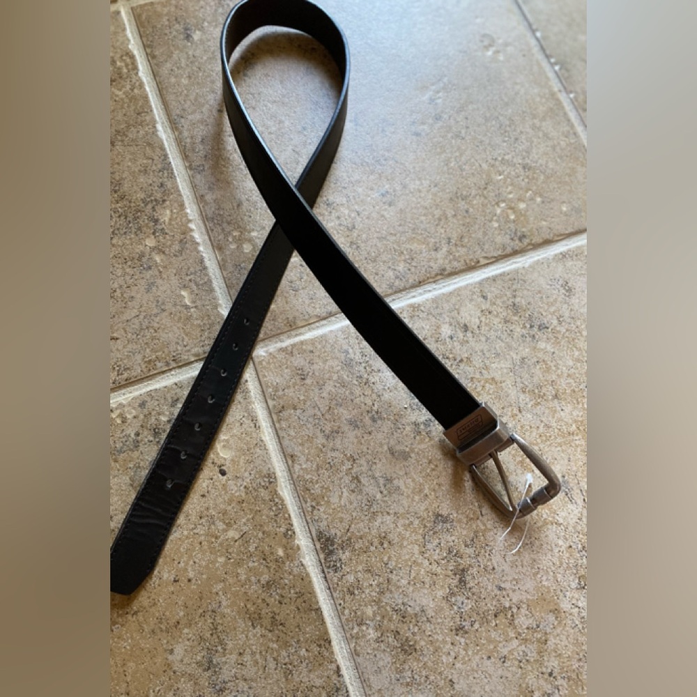 Dickies - Black 1”W faux leather belt with silver buckle, L (fits 28”-32…